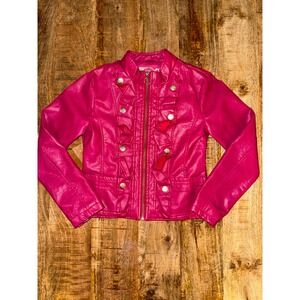 Dollhouse Girls Hot Pink Faux Leather Ruffle Moto Jacket Floral Lining M 10/12